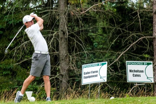 Golfer on tee showing sponsorship signs.